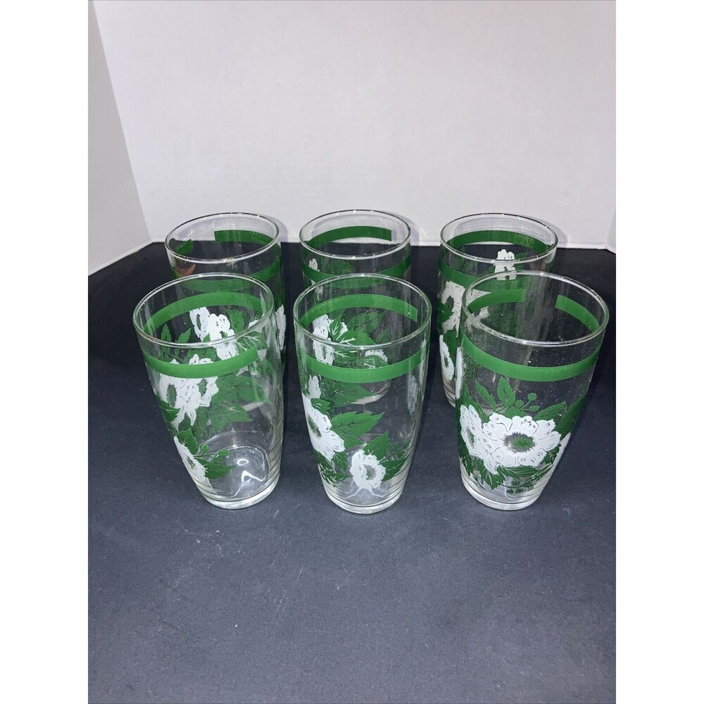 Anchor Hocking Vintage Beverage Tea Glasses Set Of 6 White Flowers
